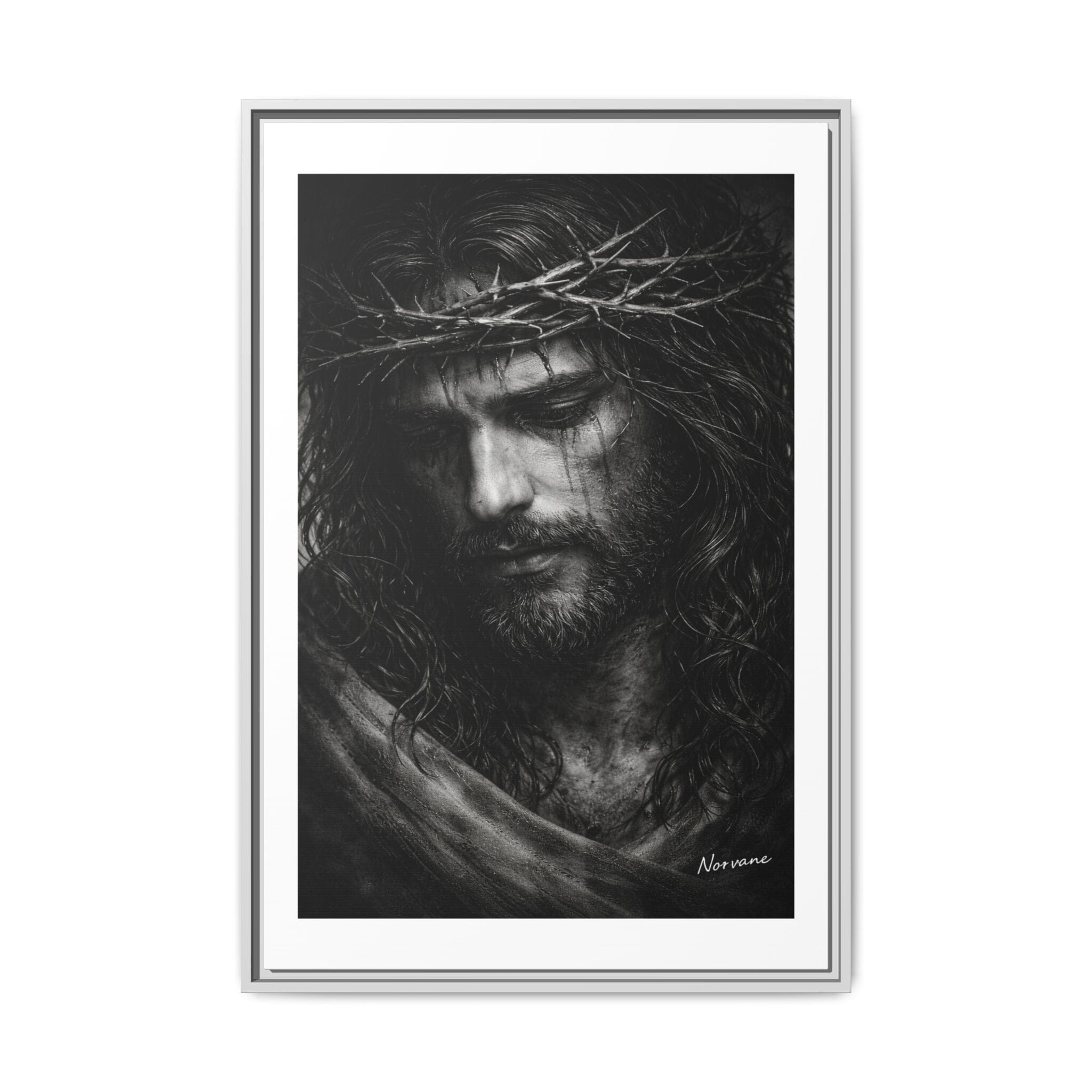 Norvane Crown of Sorrow Jesus Canvas Print – Black & White Christian Wall Art Canvas Printify 24″ x 36″ (Vertical) 1.25" White