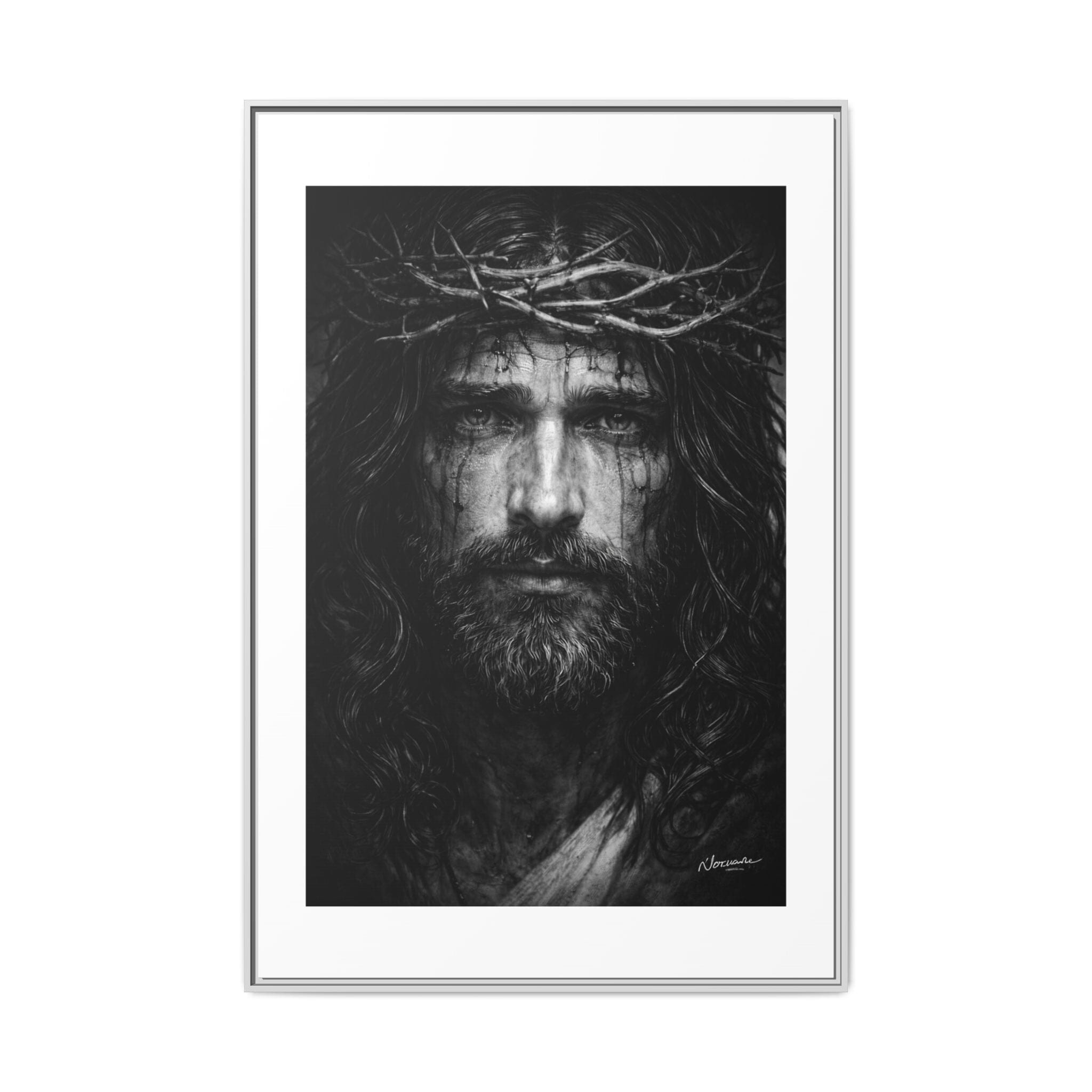 Norvane Jesus Crown of Thorns Canvas Print – Black & White Framed Wall Art Canvas Printify 40" x 60" (Vertical) 1.25" White