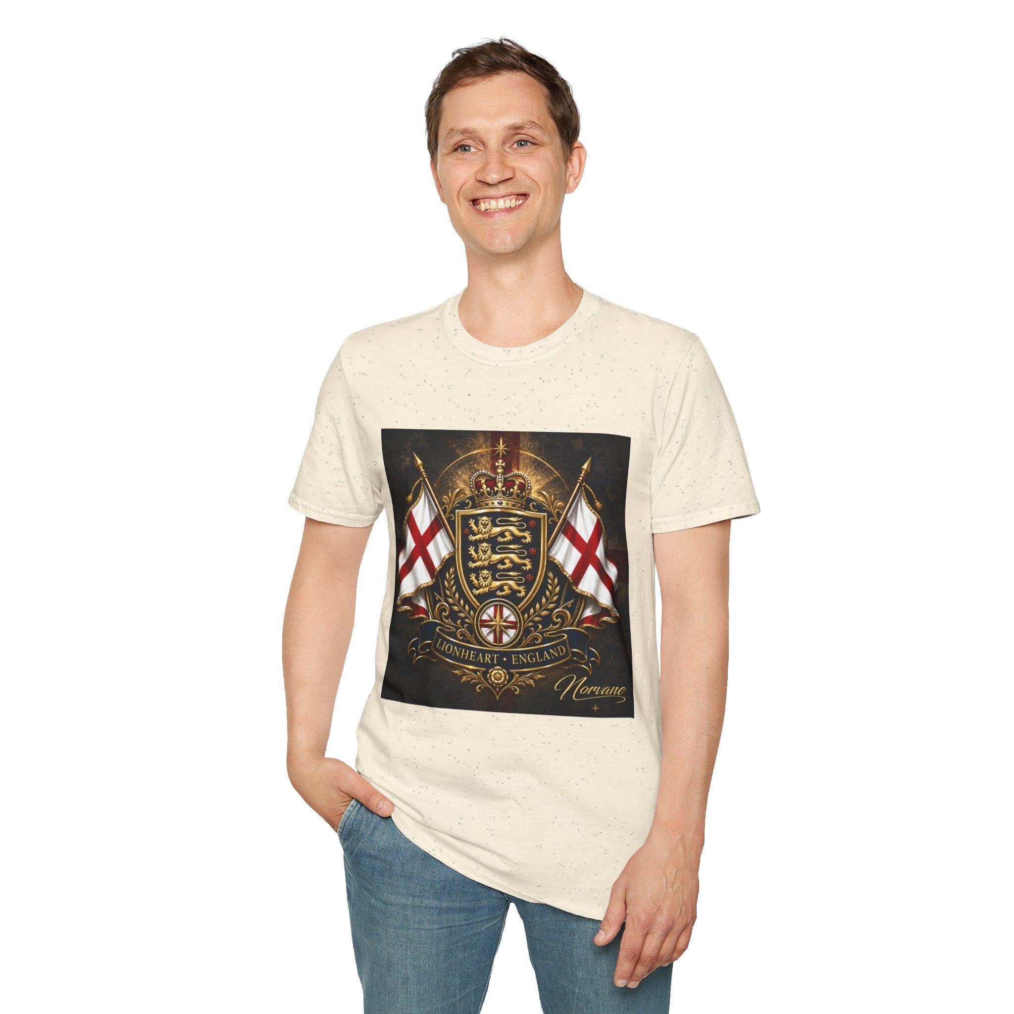 Norvane Lionheart England T-Shirt – Three Lions St George’s Cross Crest T-Shirt Printify 