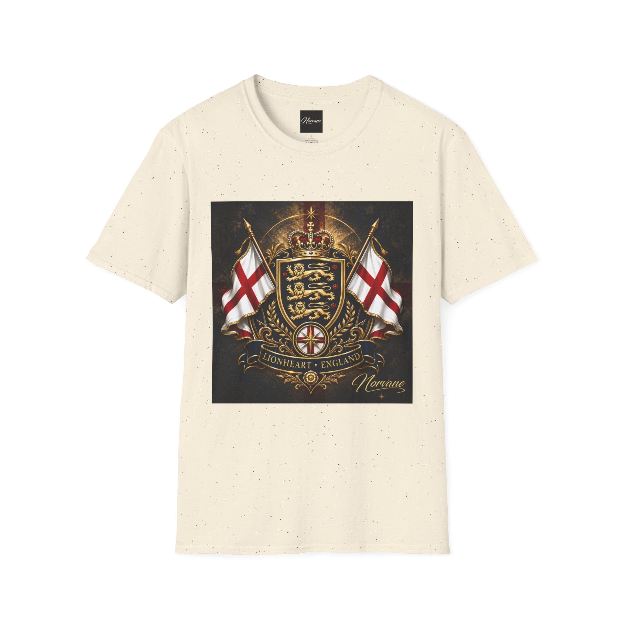 Norvane Lionheart England T-Shirt – Three Lions St George’s Cross Crest T-Shirt Printify Natural S 