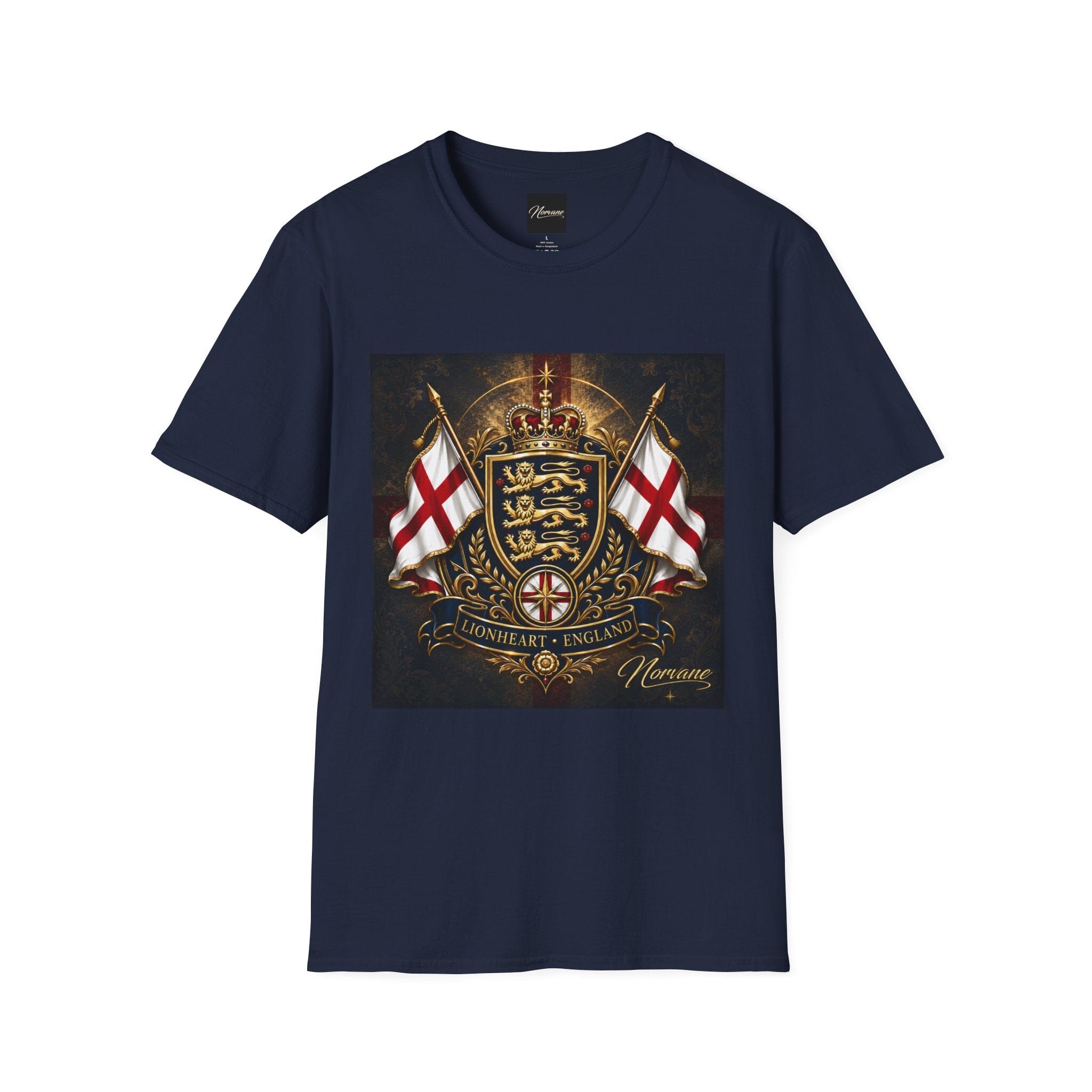 Norvane Lionheart England T-Shirt – Three Lions St George’s Cross Crest T-Shirt Printify Navy S 
