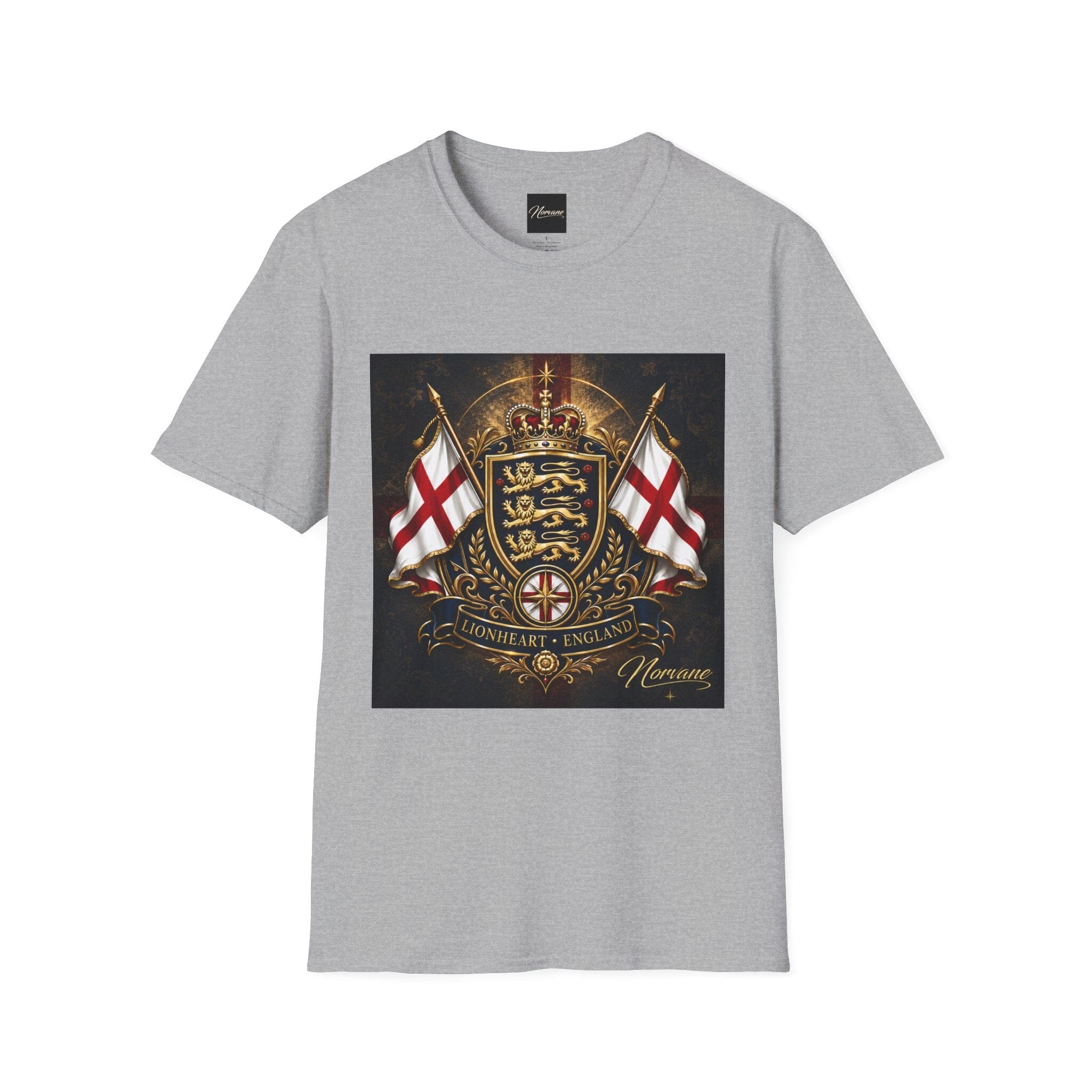 Norvane Lionheart England T-Shirt – Three Lions St George’s Cross Crest T-Shirt Printify Sport Grey S 