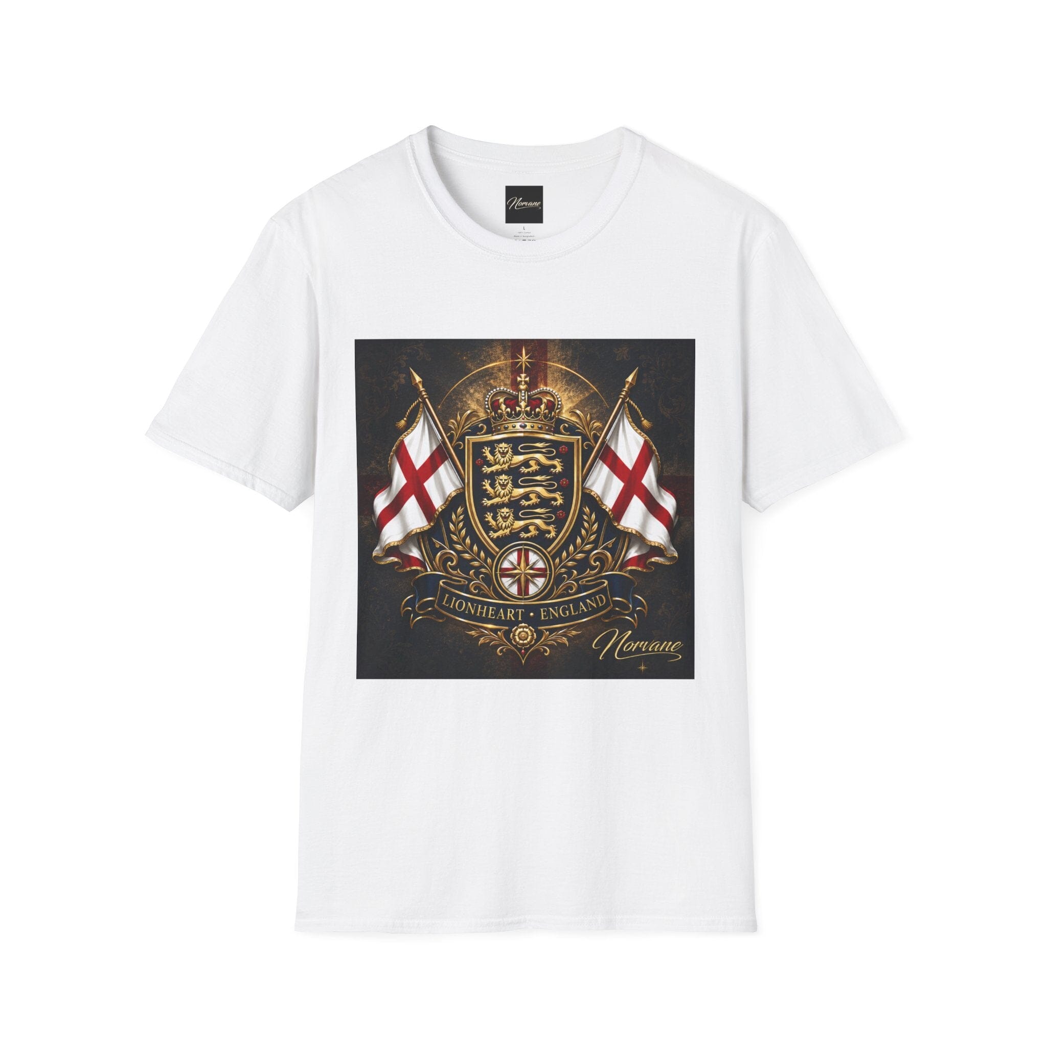 Norvane Lionheart England T-Shirt – Three Lions St George’s Cross Crest T-Shirt Printify White S 