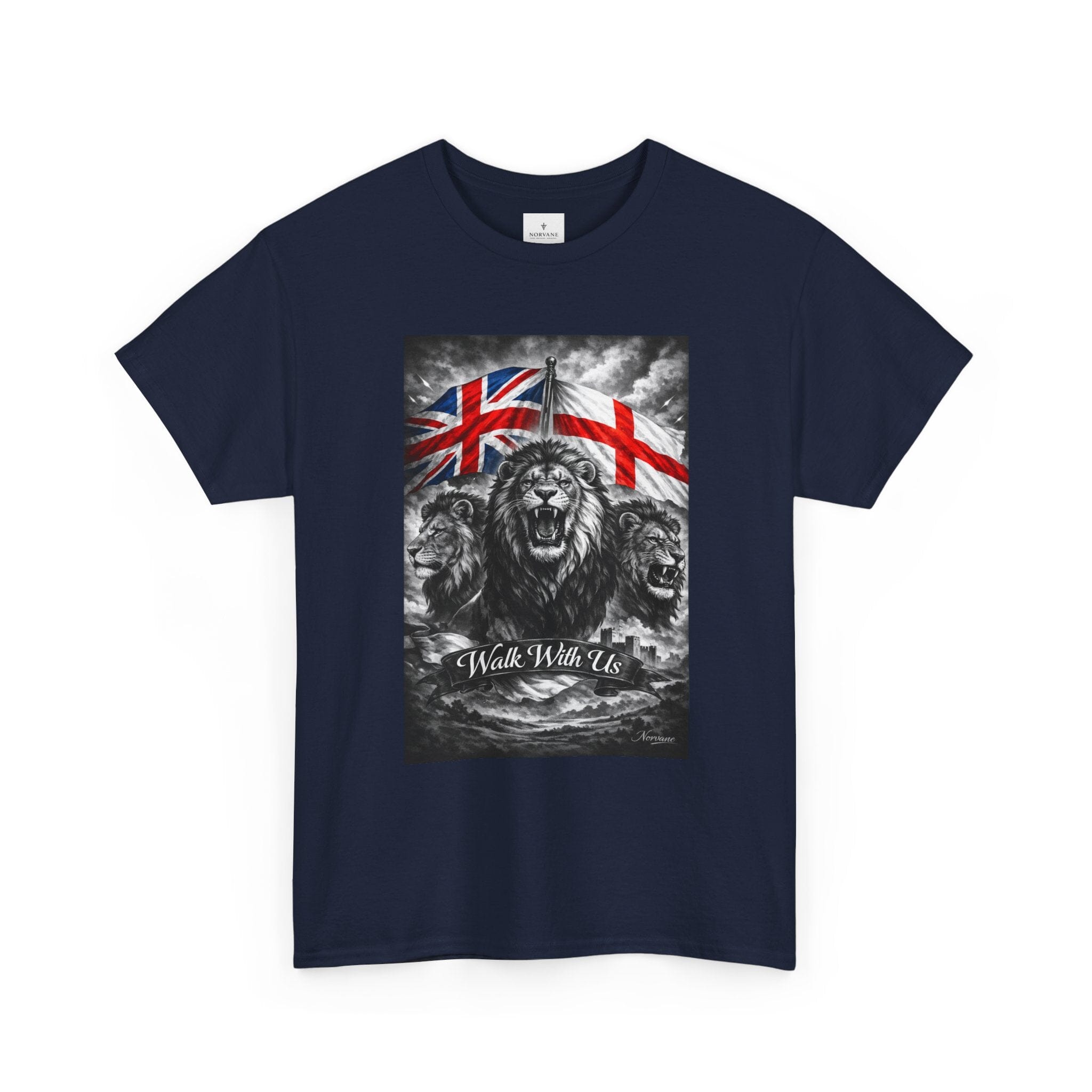 Norvane Three Lions British Heritage T-Shirt – Walk With Us Patriotic Graphic Tee T-Shirt Printify 