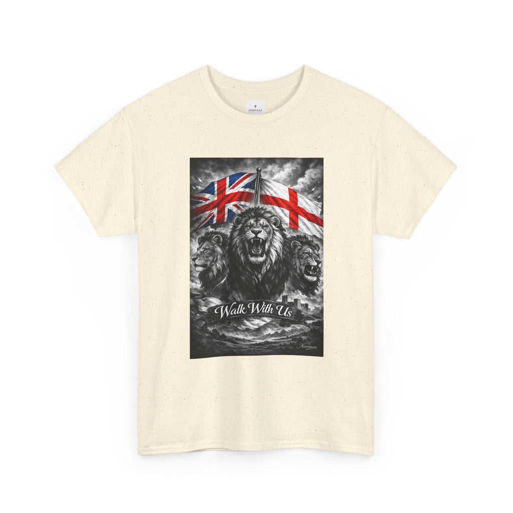Norvane Three Lions British Heritage T-Shirt – Walk With Us Patriotic Graphic Tee T-Shirt Printify 