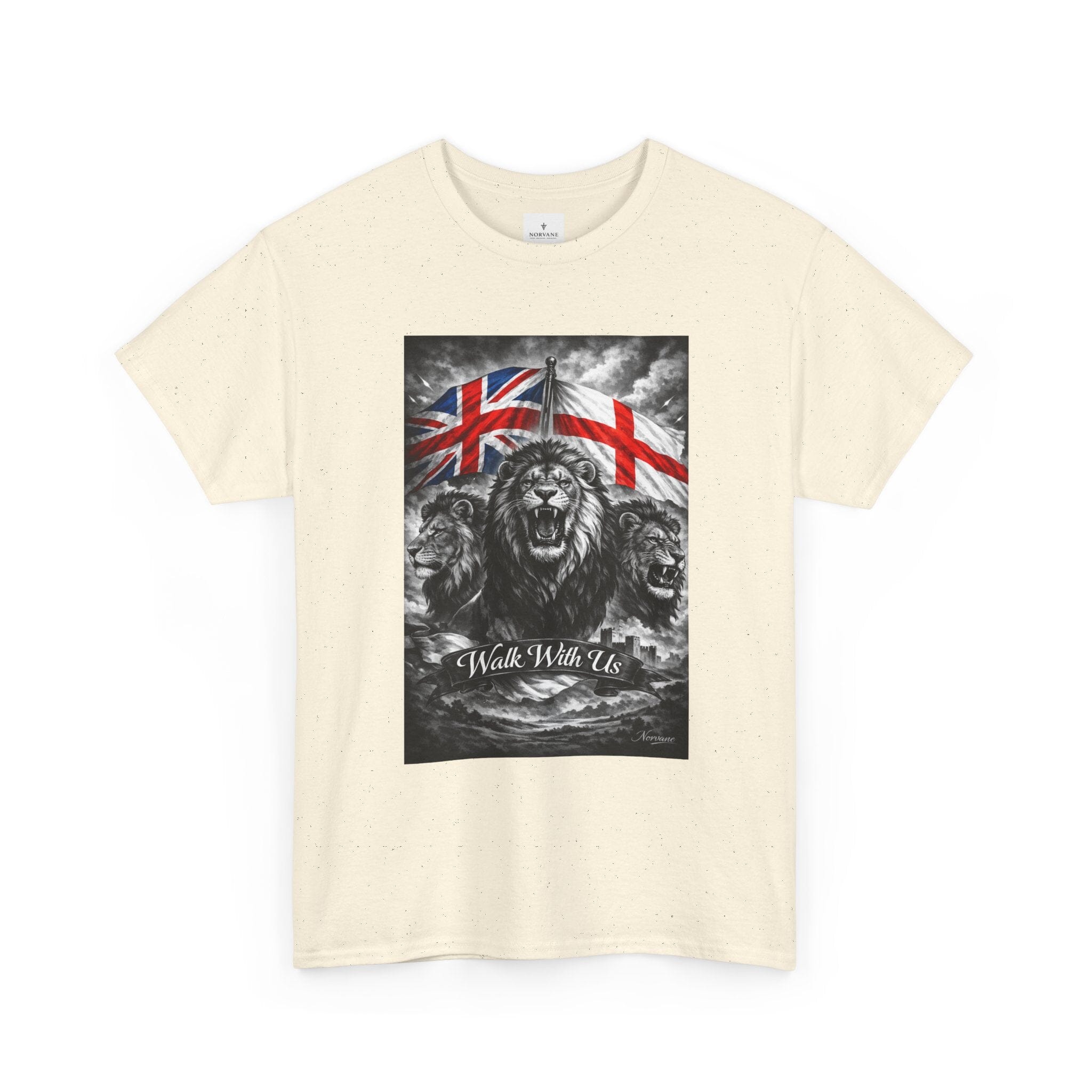 Norvane Three Lions British Heritage T-Shirt – Walk With Us Patriotic Graphic Tee T-Shirt Printify 