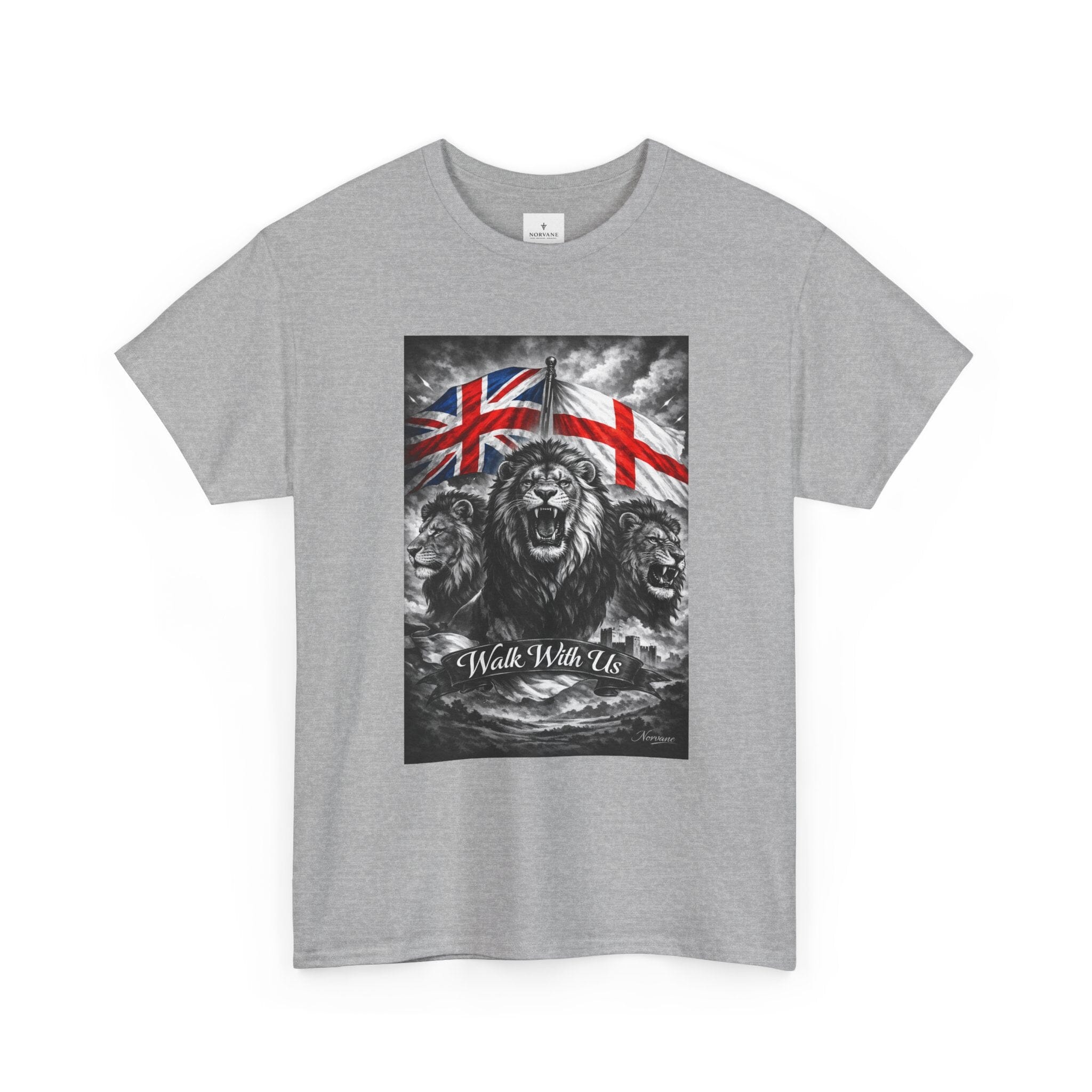 Norvane Three Lions British Heritage T-Shirt – Walk With Us Patriotic Graphic Tee T-Shirt Printify 