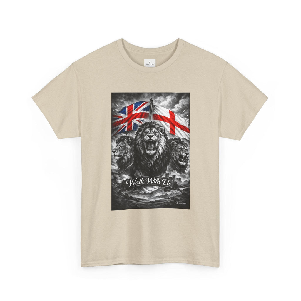 Norvane Three Lions British Heritage T-Shirt – Walk With Us Patriotic Graphic Tee T-Shirt Printify 
