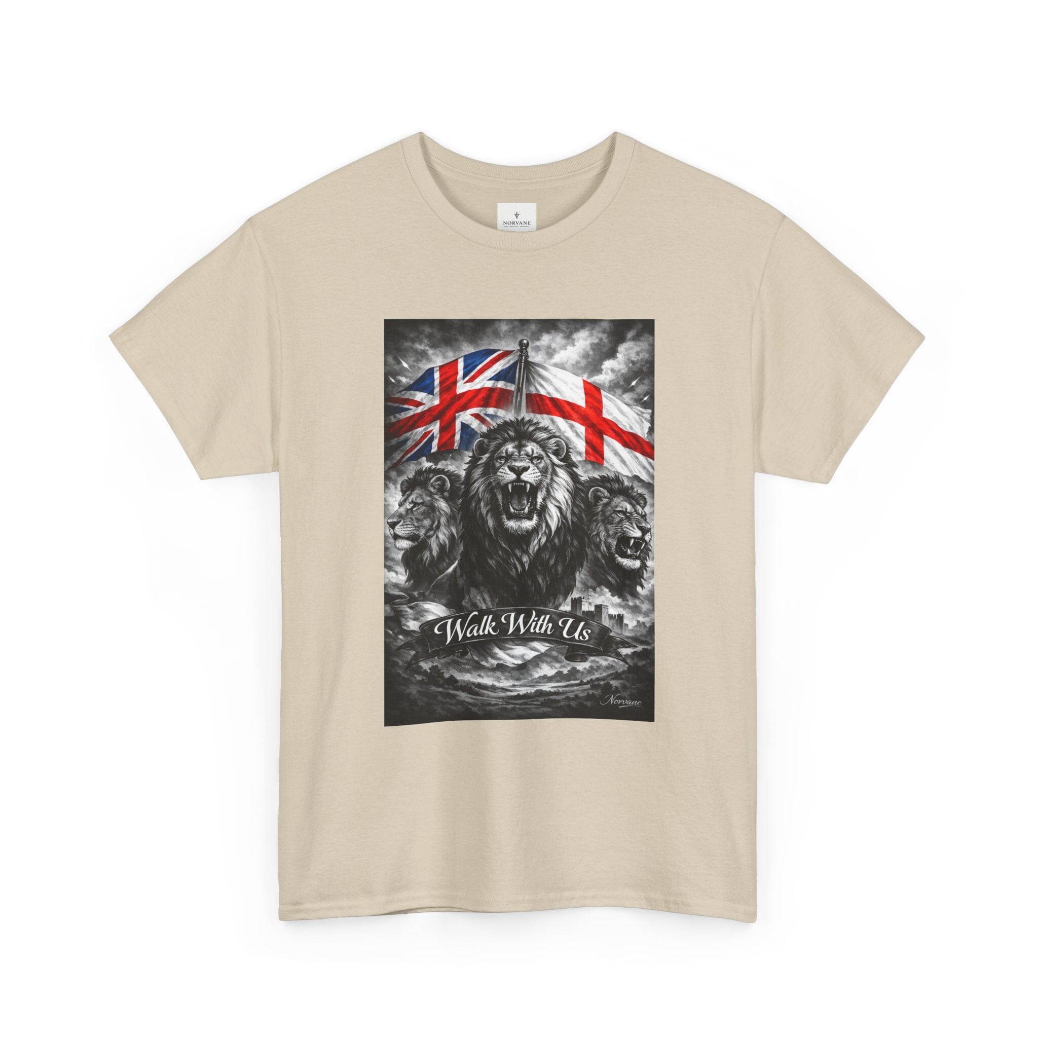 Norvane Three Lions British Heritage T-Shirt – Walk With Us Patriotic Graphic Tee T-Shirt Printify 