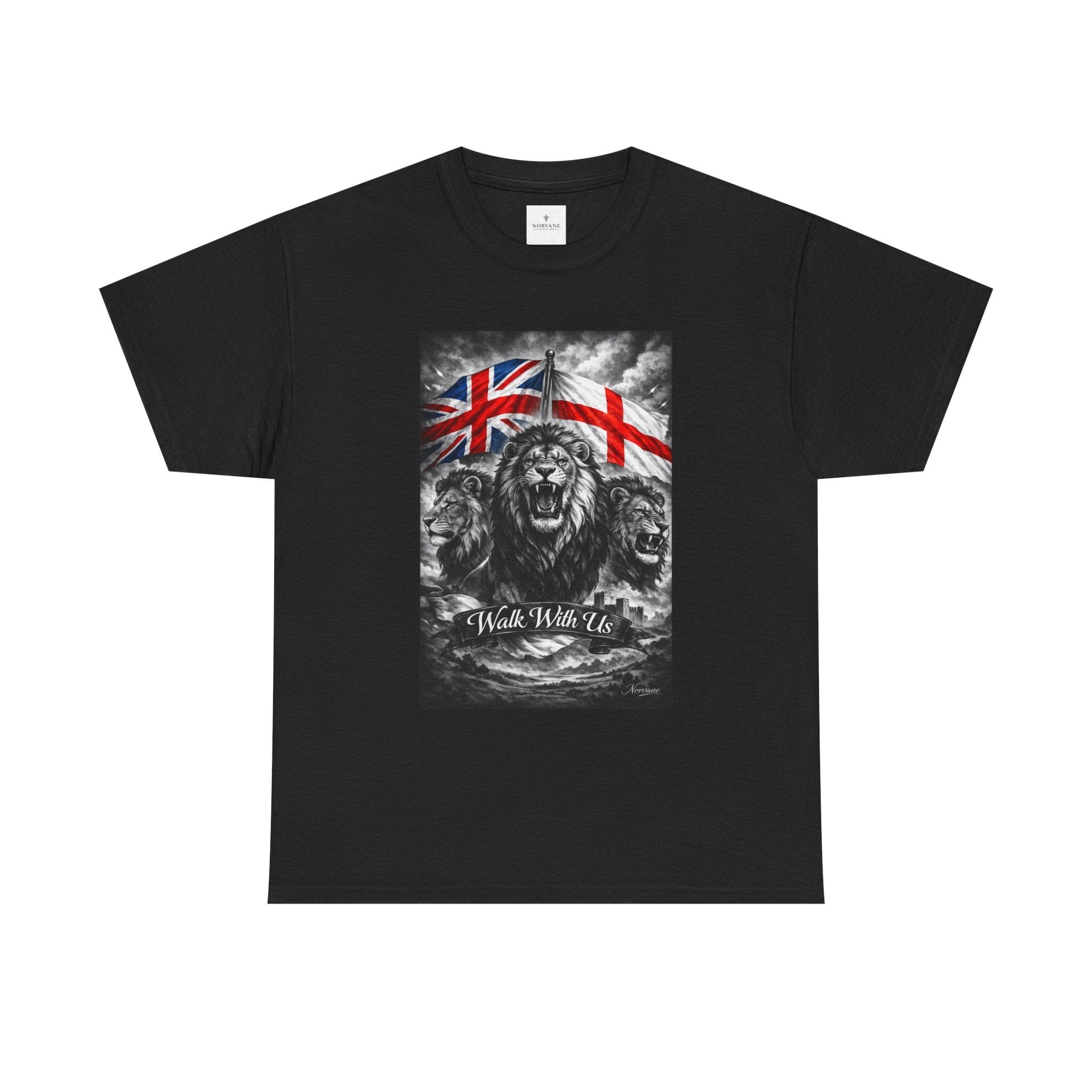 Norvane Three Lions British Heritage T-Shirt – Walk With Us Patriotic Graphic Tee T-Shirt Printify Black S 