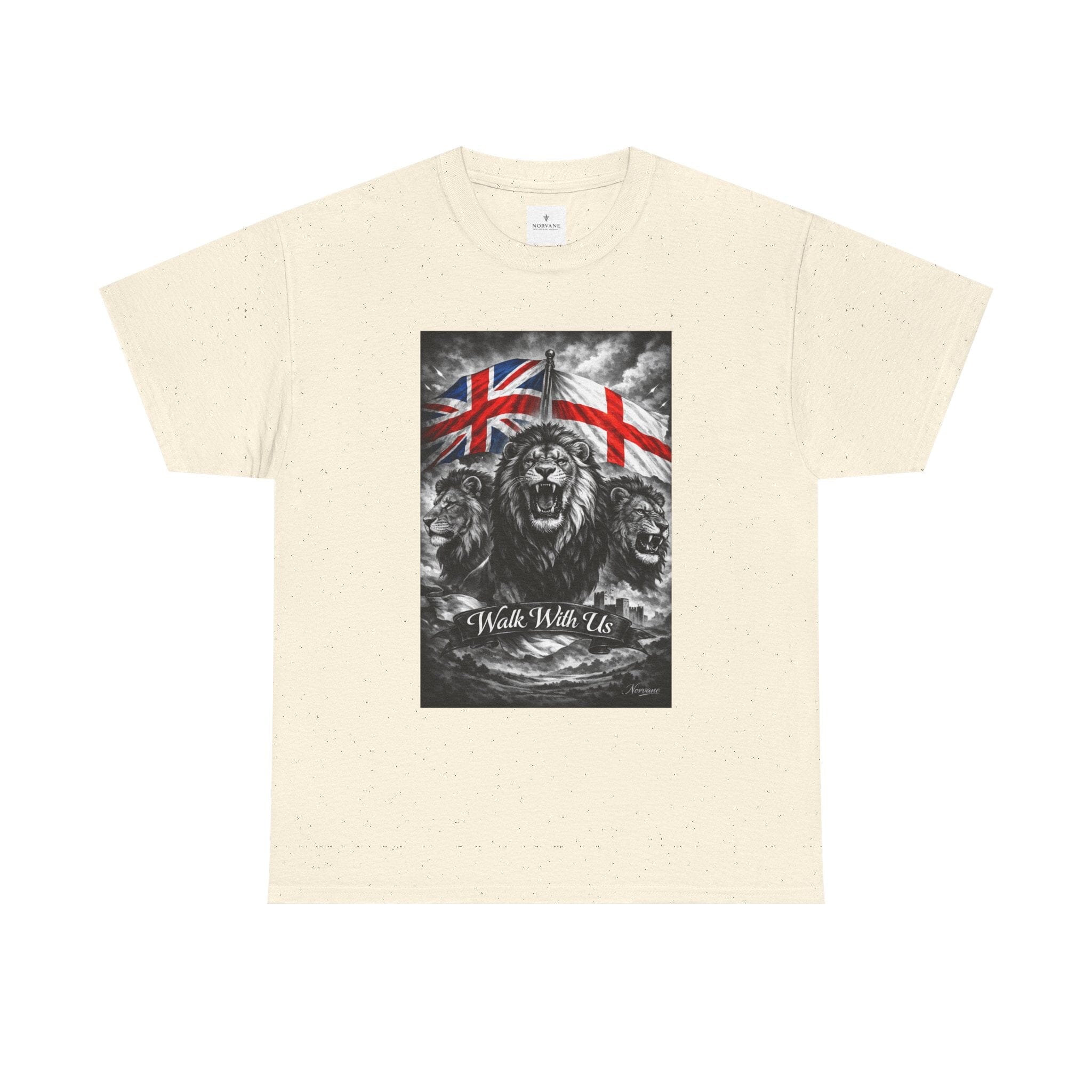 Norvane Three Lions British Heritage T-Shirt – Walk With Us Patriotic Graphic Tee T-Shirt Printify Natural S 