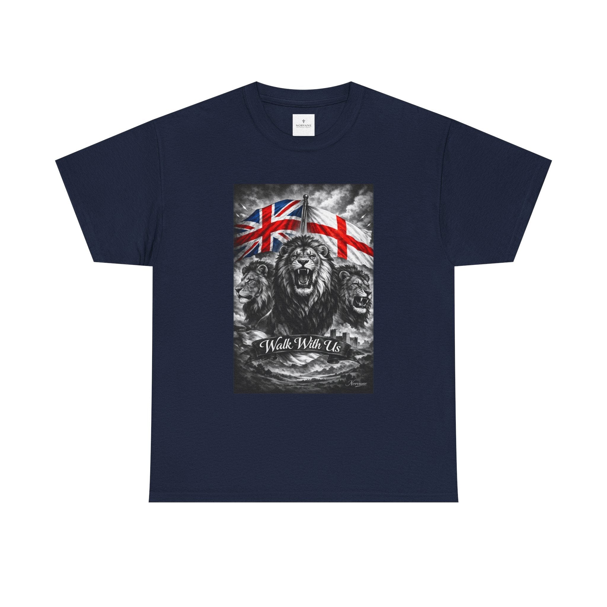 Norvane Three Lions British Heritage T-Shirt – Walk With Us Patriotic Graphic Tee T-Shirt Printify Navy S 