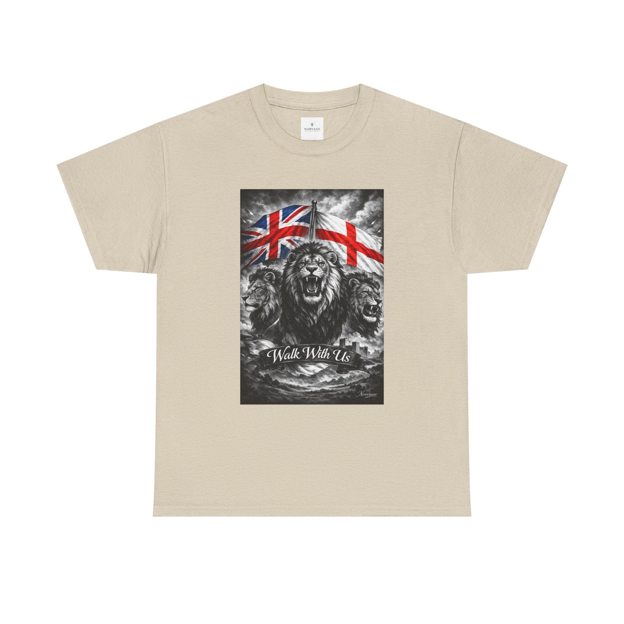 Norvane Three Lions British Heritage T-Shirt – Walk With Us Patriotic Graphic Tee T-Shirt Printify Sand S 