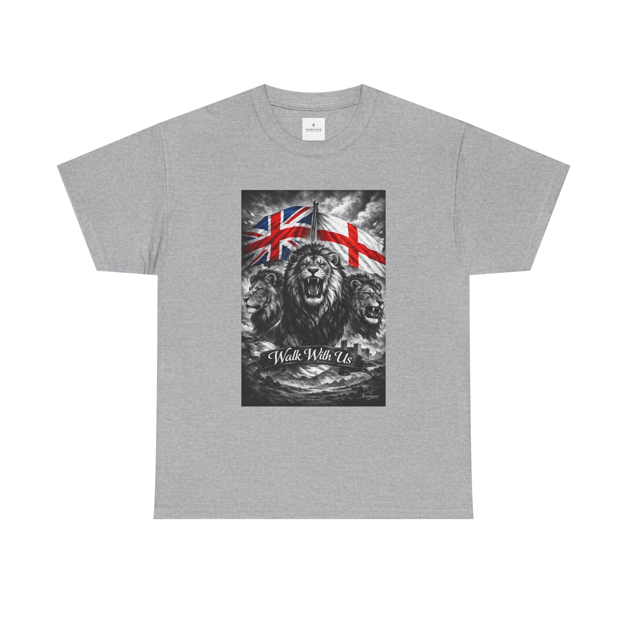 Norvane Three Lions British Heritage T-Shirt – Walk With Us Patriotic Graphic Tee T-Shirt Printify Sport Grey S 