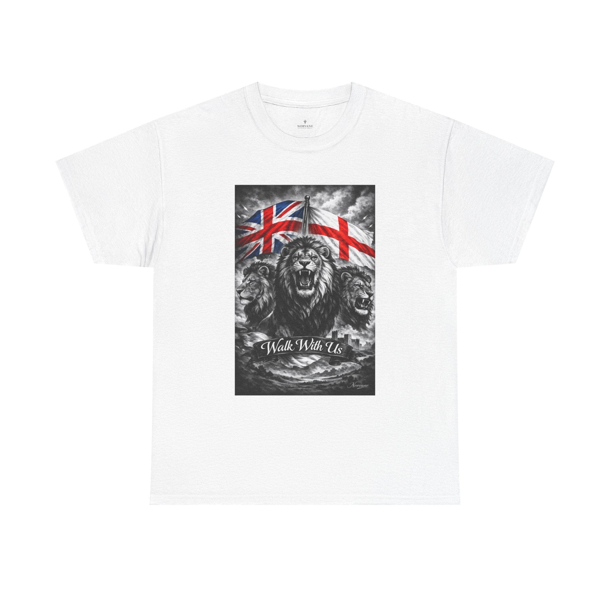 Norvane Three Lions British Heritage T-Shirt – Walk With Us Patriotic Graphic Tee T-Shirt Printify White S 